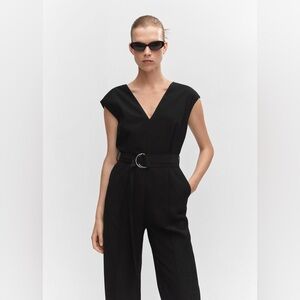 Mango Black Belted Jumpsuit straight leg v neck classic chic old money style